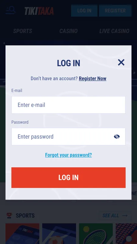 TikiTaka Casino login screen