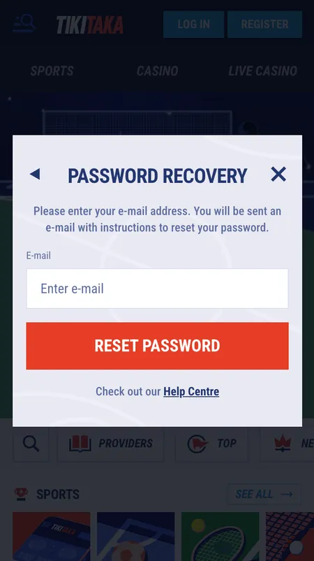 TikiTaka Casino password reset screen